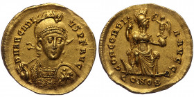 (Gold, 4,46g, 21mm) ARCADIUS (383-408) AV Solidus, Constantinopolis, AD 397-402, 
Obv: D N ARCADIVS P F AVG - helmeted bust facing, diademed and cuira...