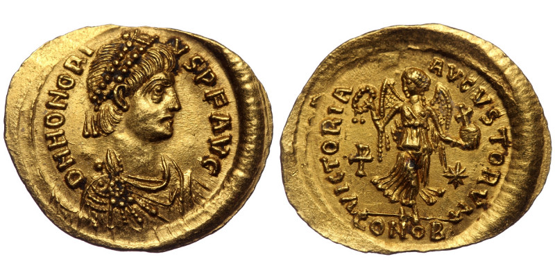 (Gold, 1,50g, 17mm) Honorius (393-423) AV tremissis, Constantinople, ca. 403-408...