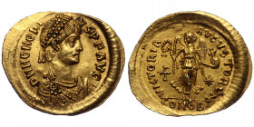 (Gold, 1,50g, 17mm) Honorius (393-423) AV tremissis, Constantinople, ca. 403-408 or 416-420 
Obv: D N HONORI-VS P F AVG - pearl-diademed, draped, and ...