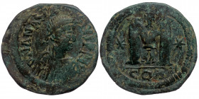 Anastasius I ( Bronze. 18.12 g. 35 mm) AD 491-518. Constantinople Follis or 40 Nummi Æ
diademed, draped, and cuirassed bust right.
Rev: Large M; cross...