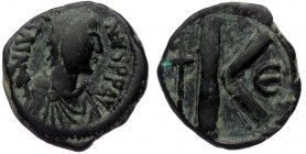 Anastasius I AD 491-518. Constantinople half follis 
 pearl diademed, draped, cuirassed bust right.
Rev: Large K, long cross to left, E to right.
Sear...