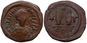 JUSTIN I, ( Bronze. 16.65 g. 33 mm) (518-527), AE follis, Constantinople mint
diademed, draped and cuirassed bust right 
Rev: Large M between two star...