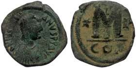 Justinian I, ( Byzantine. 16.09 g. 34 mm) 527-565. Follis Constantinopolis
Diademed, draped, and cuirassed bust to right.
Rev: Large M flanked by six-...