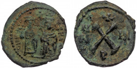 PHOCAS. ( Byzantine. 2.11 g. 17 mm) (602-610). Antiochia. Dekanummium.
d N FOCA NE PE AV/ Phocas (left) and Leontia (right) standing facing; the emper...