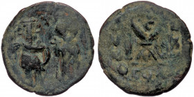 Heraclius. ( Bronze. 5.83 g. 22 mm) 610-641. AE follis Constantinople
Heraclius on left, and Heraclius Constantine on right, stand facing, cross betwe...