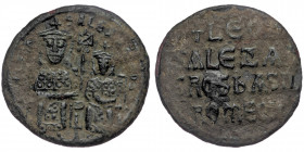 LEO VI with ALEXANDER ( Bronze. 6.72 g. 28 mm) (886-912). Follis. Constantinople.
Crowned figures of Leo and Alexander seated facing on double throne,...