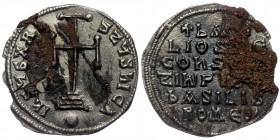 Basil I the Macedonian. ( Silver. 2.30 g. 23 mm) 867-886. AR Miliaresion Constantinople mint. 
Struck 868-879. 
Cross potent set on three steps; globu...