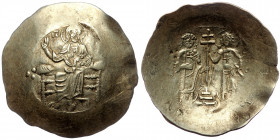 John II Comnenus, ( Electrum. 4.44 g. 32 mm) 1118-1143. Aspron Trachy. Constantinople
 IC - XC Christ, nimbate, seated facing on backless throne, wear...