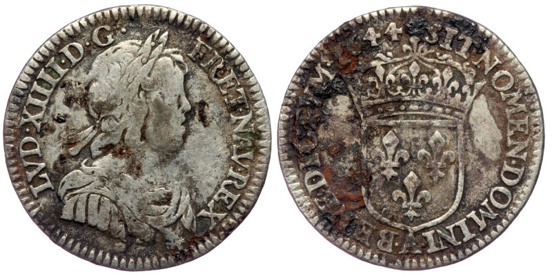 (Silver, 2,17g, 21mm) FRANCE, Ludovicus XIIII, 1/12 Ecu (10 Sols) Dated 1644 AD....