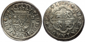 SPAIN. ( Silver. 5.68 g .28 mm) Luis I (1724). 2 Reales Segovia.