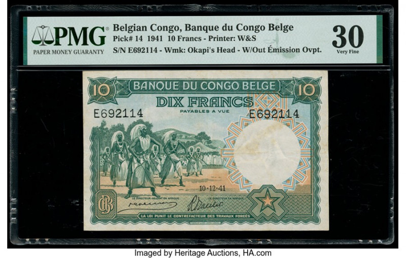 Belgian Congo Banque du Congo Belge 10 Francs 10.12.1941 Pick 14 PMG Very Fine 3...