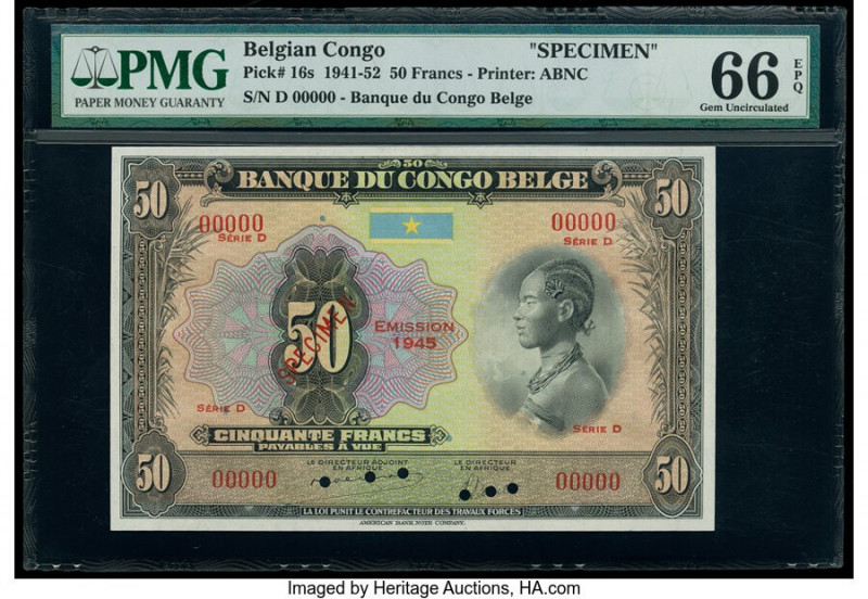 Belgian Congo Banque du Congo Belge 50 Francs 1941-52 Pick 16s Specimen PMG Gem ...