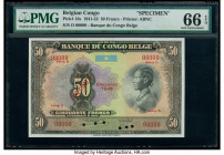 Belgian Congo Banque du Congo Belge 50 Francs 1941-52 Pick 16s Specimen PMG Gem Uncirculated 66 EPQ. Red Specimen overprints and 6 POCs are present on...