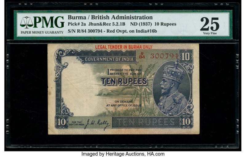 Burma Reserve Bank of India 10 Rupees ND (1937) Pick 2a Jhun5.2.1B PMG Very Fine...