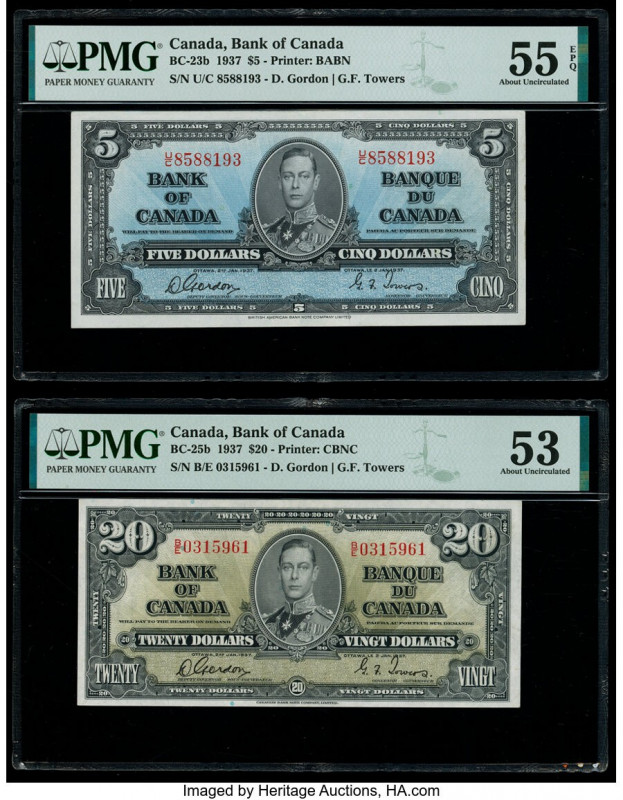 Canada Bank of Canada $5; 20 2.1.1937 BC-23b; BC-25b Two Examples PMG About Unci...