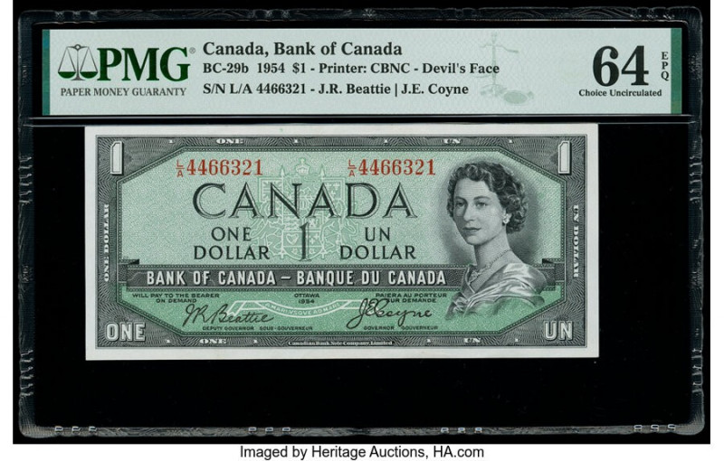 Canada Bank of Canada $1 1954 BC-29b "Devil's Face" PMG Choice Uncirculated 64 E...