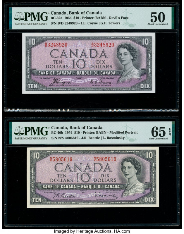 Canada Bank of Canada $10 1954 Pick 69a BC-32a; BC-40b Two Examples "Devil's Fac...