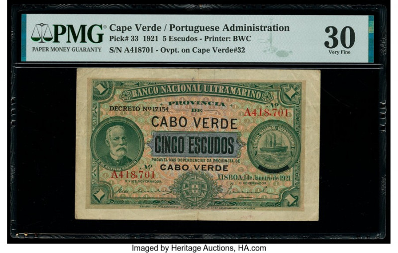 Cape Verde Banco Nacional Ultramarino 5 Escudos 1.1.1921 Pick 33 PMG Very Fine 3...