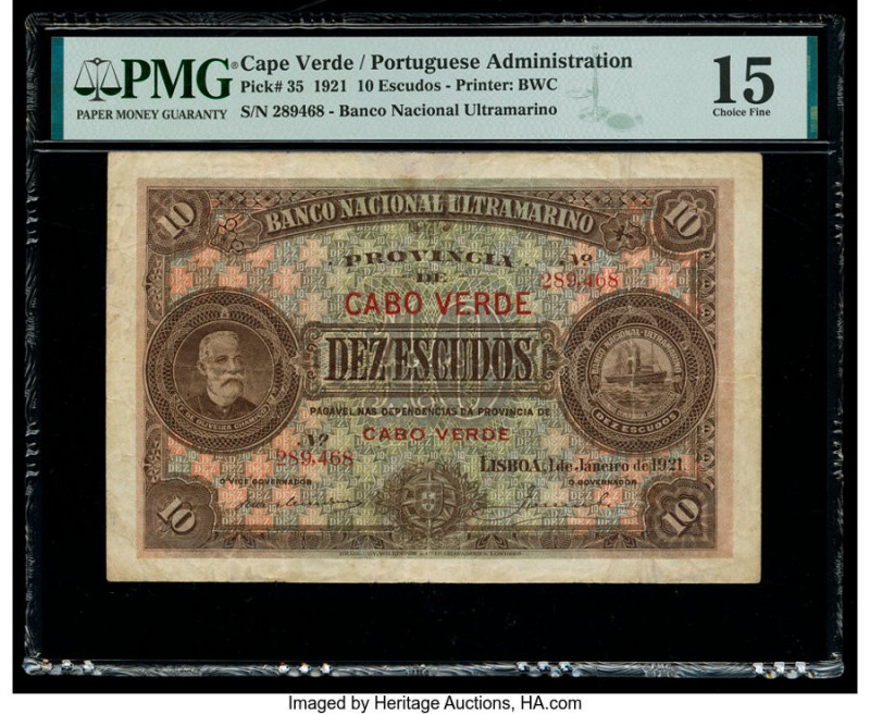 Cape Verde Banco Nacional Ultramarino 10 Escudos 1.1.1921 Pick 35 PMG Choice Fin...