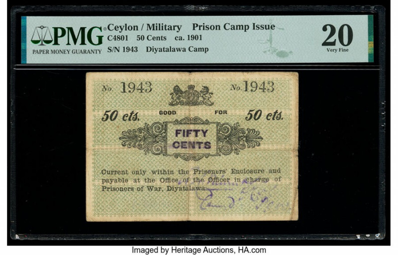 Ceylon Prison Camp Issue, Diyatalawa 50 Cents 1901 C4801 PMG Very Fine 20. Annot...