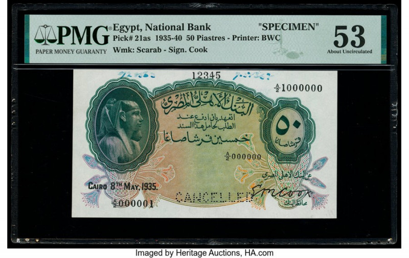 Egypt National Bank of Egypt 50 Piastres 8.5.1935 Pick 21as Specimen PMG About U...