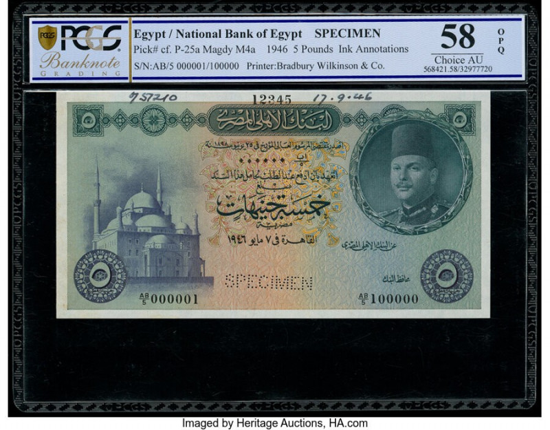 Egypt National Bank of Egypt 5 Pounds 1946-51 Pick 25as Specimen PCGS Banknote C...