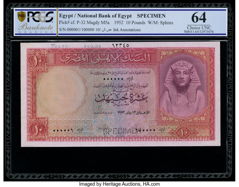 Egypt National Bank of Egypt 10 Pounds 1952-60 Pick 32s Specimen PCGS Banknote C...