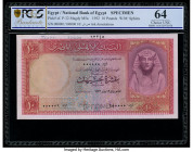 Egypt National Bank of Egypt 10 Pounds 1952-60 Pick 32s Specimen PCGS Banknote Choice Unc 64. Annotations and a roulette Specimen punch are noted on t...