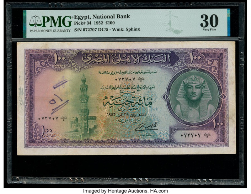 Egypt National Bank of Egypt 100 Pounds 1952 Pick 34 PMG Very Fine 30. Annotatio...
