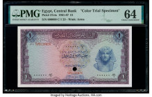 Egypt Central Bank of Egypt 1 Pound 1961-67 Pick 37cts Color Trial Specimen PMG Choice Uncirculated 64. Cancelled with 1 punch hole and previously mou...
