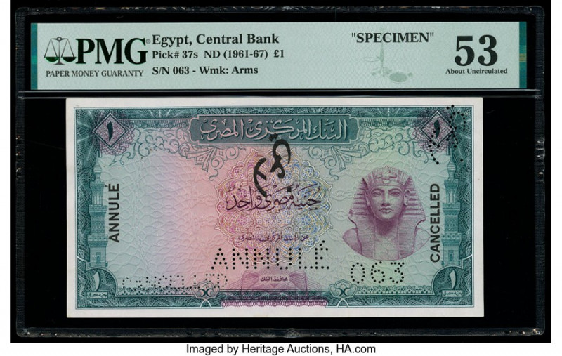 Egypt Central Bank of Egypt 1 Pound 1961-67 Pick 37s Specimen PMG About Uncircul...