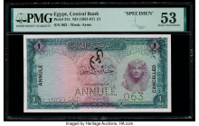 Egypt Central Bank of Egypt 1 Pound 1961-67 Pick 37s Specimen PMG About Uncirculated 53. Roulette Punch, overprints and pinholes are present on this e...