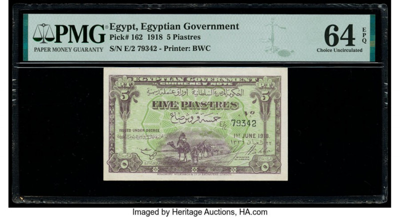 Egypt Egyptian Government 5 Piastres 1.6.1918 Pick 162 PMG Choice Uncirculated 6...