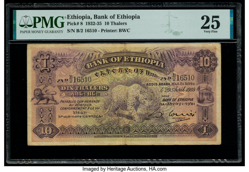 Ethiopia Bank of Ethiopia 10 Thalers 29.4.1933 Pick 8 PMG Very Fine 25. Pinholes...