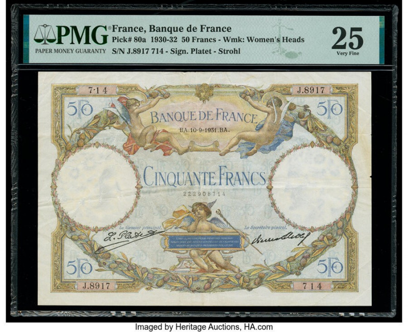 France Banque de France 50 Francs 10.9.1931 Pick 80a PMG Very Fine 25. 

HID0980...