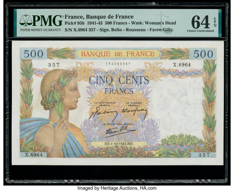 France Banque de France 500 Francs 1.10.1942 Pick 95b PMG Choice Uncirculated 64...