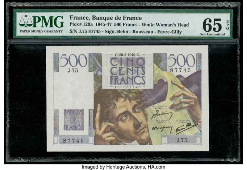 France Banque de France 500 Francs 28.3.1946 Pick 129a PMG Gem Uncirculated 65 E...