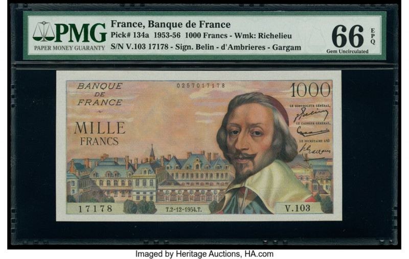 France Banque de France 1000 Francs 2.12.1954 Pick 134a PMG Gem Uncirculated 66 ...