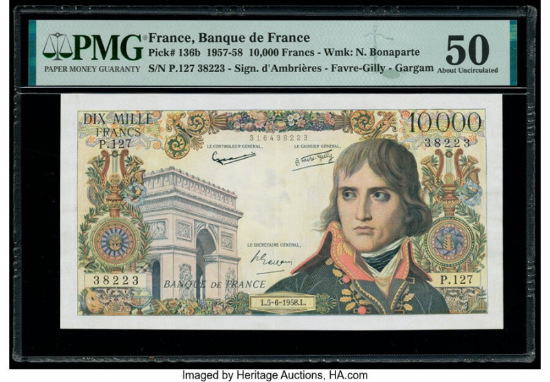 France Banque de France 10,000 Francs 5.6.1958 Pick 136b PMG About Uncirculated ...