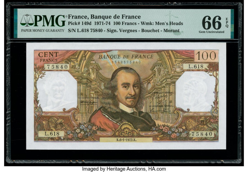 France Banque de France 100 Francs 6.1.1972 Pick 149d PMG Gem Uncirculated 66 EP...