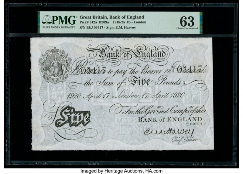 Great Britain Bank of England 5 Pounds 17.4.1920 Pick 312a PMG Choice Uncirculat...