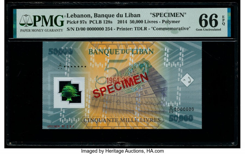 Lebanon Banque du Liban 50,000 Livres 2014 Pick 97s Commemorative Specimen PMG G...