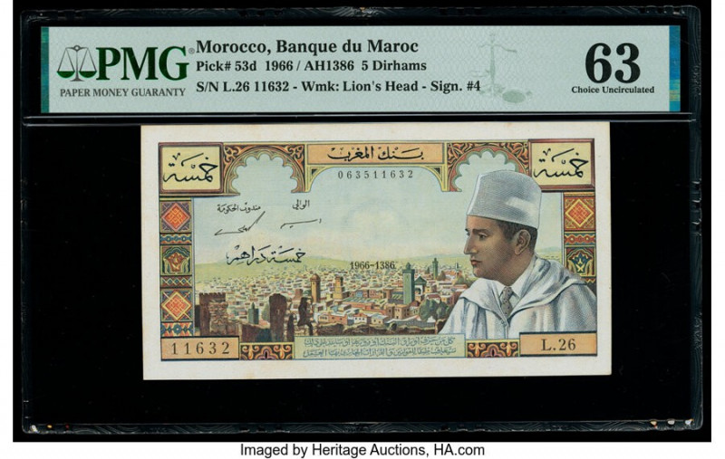 Morocco Banque du Maroc 5 Dirhams 1966 / AH1386 Pick 53d PMG Choice Uncirculated...