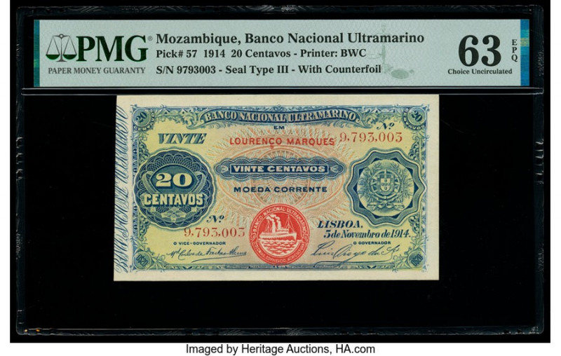 Mozambique Banco Nacional Ultramarino 20 Centavos 5.11.1914 Pick 57 PMG Choice U...