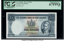 New Zealand Reserve Bank 5 Pounds ND (1956-60) Pick 160c PCGS Superb Gem New 67PPQ. Finest graded example registered in third party grading census.

H...