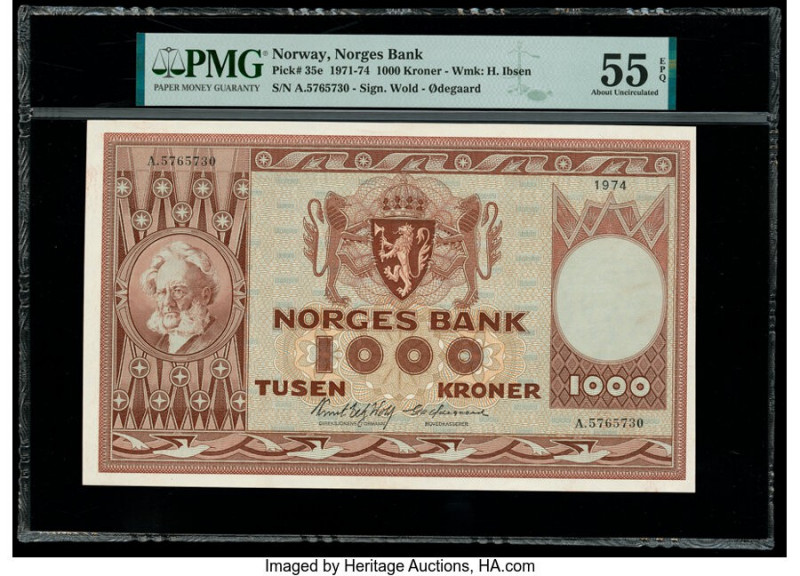 Norway Norges Bank 1000 Kroner 1974 Pick 35e PMG About Uncirculated 55 EPQ. 

HI...