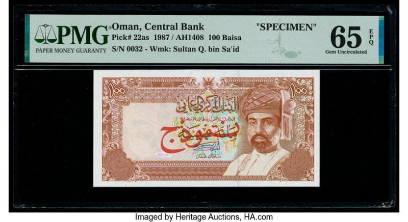 Oman Central Bank of Oman 100 Baisa 1987 / AH1408 Pick 22as Specimen PMG Gem Unc...