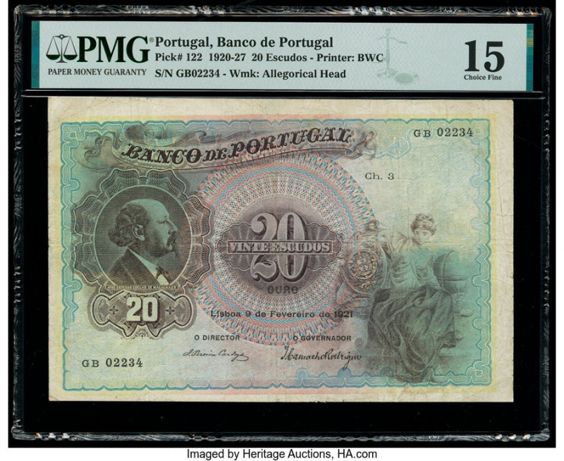 Portugal Banco de Portugal 20 Escudos 9.2.1921 Pick 122 PMG Choice Fine 15. Repa...