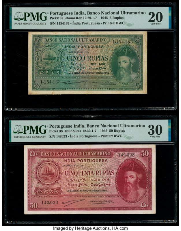 Portuguese India Banco Nacional Ultramarino 5; 50 Rupias 29.11.1945 Pick 35; 38 ...