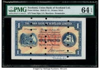 Scotland Union Bank of Scotland Ltd. 1 Pound 2.8.1951 Pick S816ar Remainder PMG Choice Uncirculated 64 EPQ. Printer's annotations and cancelled with m...